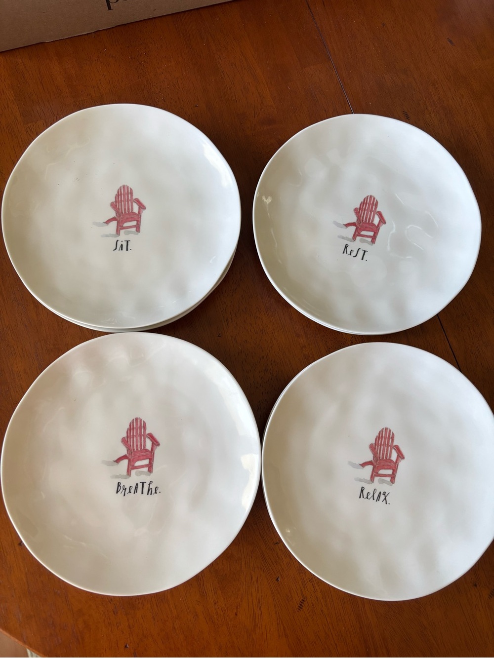 Rae Dunn 8” Dessert Plates with Pink Adirondack Chair Accents - 2 sets of 4